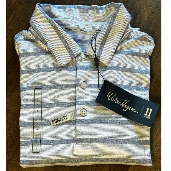 Walter Hagen 11 Denim Blue and White Striped UPF 50 Men's Polo Shirt Large - Picture 1 of 10